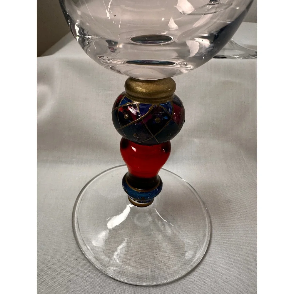 Pier 1 Imports Hand Painted Wine Glasses Set of 3 Harlequin Beaded Stem 7.5 inch